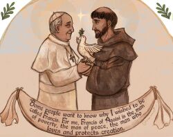  1boy 2boys bird brown_facial_hair brown_hair brown_robe capelet christianity closed_mouth commentary cross cross_necklace english_commentary english_text facial_hair halo highres holding_hands jewelry long_sleeves looking_at_animal looking_at_another luxangelae male_focus monk multiple_boys necklace old old_man olive_branch pigeon pope pope_francis real_life robe rope_belt short_hair skullcap smile standing tonsure upper_body white_hair white_robe zucchetto 