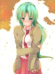  blush green_eyes green_hair higurashi_no_naku_koro_ni jacket long_hair necktie school_uniform serafuku skirt sonozaki_mion 