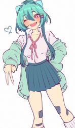  1girl :d bandaid bandaid_on_leg bandaid_on_thigh blush breasts bulbasaur cardigan collarbone collared_shirt commentary english_commentary green_cardigan green_hair green_skirt gyaru gyaru_bulbasaur gyaru_bulbasaur_(shin_no_tenpii) hair_between_eyes hair_ornament hairclip heart highres humanization long_sleeves looking_at_viewer open_mouth personification pleated_skirt pokemon pokemon_(creature) pokemon_pokopia red_eyes sher_(imnotsher) shirt simple_background skirt smile socks solo v white_shirt white_socks 