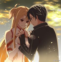  1boy 1girl armor asuna_(sao) black_coat black_hair braid brown_eyes brown_hair canon_event closed_mouth clouds cloudy_sky coat commentary_request dress eye_contact fingerless_gloves gloves grey_eyes grey_trim half_up_half_down_braid hands_up high_collar highres holding_hands kirito lain_paterson light_particles long_hair long_sidelocks long_sleeves looking_at_another messy_hair red_trim short_hair sidelocks sky sleeveless sleeveless_dress straight_hair sword_art_online tu_tora2 turtleneck turtleneck_dress upper_body white_armor white_dress white_sleeves yellow_sky 