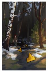  1girl absurdres black_pants border brown_sweater commentary forest gnom_na_korable highres medium_hair morning nature original pants path red_eyes red_hair scenery sitting snow solo sweater thermos traffic_cone white_border wide_shot 