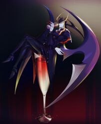  1boy alcohol blue_skin champagne_flute claws colored_skin crossed_legs cup darkstalkers demon_boy demon_wings drink drinking_glass duel_monster fingernails from_side full_body gradient_background grey_skin high_heels highres holding holding_cup horns in_container in_cup jedah_dohma long_fingernails long_sleeves male_focus multiple_wings muscular muscular_male oversized_object pants protected_link purple_skin red_eyes red_nails rozavamp sharp_fingernails sitting solo vampire white_skin wine wine_glass wings 