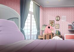 1girl anya_(spy_x_family) bed bedroom black_shirt blanket book chair child curtains dagasi dog female_child green_eyes highres indoors lamp loli pillow pink_hair shirt sitting_on_chair solo spy_x_family wallpaper_(object) window young