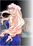  back bangs bare_shoulders blonde_hair bracelet breasts cleavage closed_eyes dress erect_nipples flower formal hair_flower hair_ornament head_out_of_frame iyou jewelry large_breasts lipstick long_hair macross macross_frontier necklace open_mouth pink_hair profile shadow sheryl_nome signature smile solo standing very_long_hair wavy_hair yukkyun 