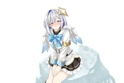  1girl 666girimekara absurdres amane_kanata amane_kanata_(1st_costume) angel angel_wings armband black_dress blue_hair commentary cropped_jacket dress grey_hair hair_intakes halo highres hololive jacket looking_at_viewer multicolored_hair pink_streaks solo star_halo streaked_hair turtleneck turtleneck_dress violet_eyes virtual_youtuber white_jacket wings yellow_armband 