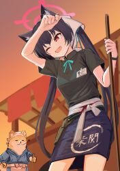  1boy 1girl absurdres animal_ears arm_up black_hair black_shirt blue_archive breasts cat_ears commentary_request evening fang food_stand furry furry_male halo highres holding long_hair master_shiba_(blue_archive) official_alternate_costume one_eye_closed open_mouth orange_sky red_eyes serika_(blue_archive) serika_(waitress)_(blue_archive) shirt skirt sky solo_focus tanuk thumbs_up twintails wiping_sweat yatai 