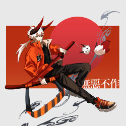  1boy absurdres asymmetrical_eyes black_pants black_sclera colored_sclera commentary_request gensyuuu highres holding holding_sheath holding_sword holding_weapon horns ibaraki_douji_(onmyoji) jacket male_focus onmyoji orange_jacket pants ponytail red_sun sharp_teeth sheath shoes sneakers solo sword teeth translation_request weapon 