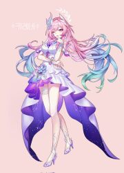  1girl bare_shoulders blowing_kiss blue_eyes blue_hair blush cyrene_(honkai:_star_rail) diamond-shaped_pupils diamond_(shape) dress finger_to_mouth fingernails flower green_hair hair_flower hair_ornament high_heels highres honkai:_star_rail honkai_(series) long_hair multicolored_hair nail_polish one_eye_closed pink_background pink_eyes pink_hair pink_nails pointy_ears purple_dress solo standing symbol-shaped_pupils ttang_ttang white_dress white_hair 