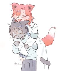  2boys :< animal_hands armband blue_armband blush cat_boy closed_eyes coat cowboy_shot dog_boy furrification furry grey_pants height_difference highres hug hug_from_behind hyoutenka_30-do_no_zetsubou kuchinashi_dabi lapels mitsudomoe_koubou_(series) mole mole_under_eye multiple_boys pants sharp_teeth simple_background sr_en_km tail tail_wrap teeth tongue tongue_out tonimura_yui triangle_nose white_background white_coat 