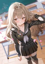  1girl absurdres aisaka_taiga black_sailor_collar black_serafuku black_shirt black_skirt black_thighhighs brown_hair chalkboard classroom clenched_hand collarbone desk double-parted_bangs dutch_angle envelope falling_petals feet_out_of_frame from_above hand_in_own_hair heart highres indoors lens_flare light_blush light_particles long_hair long_sleeves love_letter neckerchief oohashi_high_school_uniform orange_eyes petals pink_petals pleated_skirt sailor_collar school_desk school_uniform serafuku shirt sidelighting skirt solo standing thigh-highs toradora! wavy_hair white_neckerchief yoi_don 