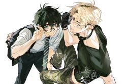  2boys backpack bag black_choker black_hair black_necktie black_pants blonde_hair choker diagonal-striped_clothes diagonal-striped_necktie dress_shirt ear_piercing earrings glasses green_pants gyou_chin highres jewelry looking_at_viewer male_focus multicolored_hair multiple_boys necktie original pants piercing roots_(hair) semi-rimless_eyewear shirt shirt_tucked_in short_hair simple_background striped_clothes white_background white_shirt 