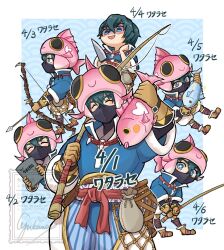  1boy bow_(weapon) commentary_request dated fish_hat fishing_rod holding holding_bow_(weapon) holding_fishing_rod holding_weapon japanese_clothes looking_at_viewer mask mouth_mask multiple_views rune_factory rune_factory:_guardians_of_azuma watarase_(rune_factory) weapon ykw_rf 