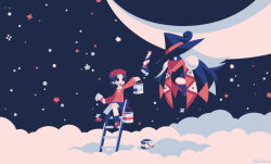  2girls adeleine blue_theme clouds commentary_request commission drawcia hat kirby:_canvas_curse kirby_(series) kirby_64 looking_at_another multiple_girls my11gum on_ladder paint_can paintbrush skeb_commission star_(symbol) trait_connection trim_brush witch_hat 