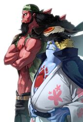 2boys absurdres bandana beard belt black_cape black_hair blonde_hair blue_skin buss_77 cape chest_tattoo closed_mouth colored_skin commentary_request crossed_arms epaulettes facial_hair fisher_tiger green_shirt highres japanese_clothes jinbe_(one_piece) kimono korean_commentary looking_ahead male_focus multicolored_hair multiple_boys one_piece open_clothes open_shirt profile red_skin shirt simple_background tattoo tusks two-tone_hair white_background 