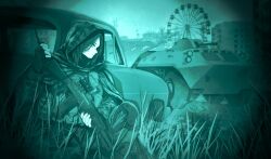  an-94 armored_personnel_carrier armored_vehicle assault_rifle black_gloves brown_hair btr-70 building bulletproof_vest camouflage_cloak chernobyl closed_mouth commentary commission english_commentary ferris_wheel fingerless_gloves gauze gauze_on_cheek gloves grass grey_sky gun highres holding holding_gun holding_walkie-talkie holding_weapon maxturbo69 motor_vehicle original pripyat rifle sky walkie-talkie weapon 