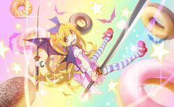  1girl animal aqua_thighhighs artist_request back_bow bat_(animal) bat_wings blonde_hair blush_stickers bow bow_choker bow_hairband bowtie choker dot_nose doughnut dress dual_wielding fang floating food footwear_bow frilled_dress frills full_body game_cg grey_wings hair_between_eyes hairband happy head_tilt high_heels highres holding holding_sword holding_weapon katana light_particles long_hair looking_at_viewer magical_girl mahou_shoujo_madoka_magica mahou_shoujo_madoka_magica_magia_exedra mary_janes monogatari_(series) multicolored_thighhighs official_art open_mouth oshino_shinobu outline pinafore_dress pink_bow pink_bowtie pink_dress pleated_dress pointy_ears puffy_short_sleeves puffy_sleeves pumps purple_bow purple_choker purple_hairband purple_thighhighs rainbow_background red_shoes ribbed_thighhighs shirt shoes short_dress short_sleeves skin_fang sleeveless sleeveless_dress smile solo sparkle star_(symbol) striped_clothes striped_thighhighs sword tareme thigh-highs third-party_source two-tone_thighhighs vampire very_long_hair weapon white_outline white_shirt white_wrist_cuffs wings wrist_cuffs yellow_eyes 