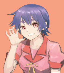  1girl :d arm_at_side bakemonogatari bow bowtie breasts claw_pose close-up collared_shirt curled_fingers dress_shirt grin hair_between_eyes hand_up highres kanbaru_suruga large_breasts looking_at_viewer monogatari_(series) naoetsu_high_school_uniform neck_ribbon one-hour_drawing_challenge orange_background oretekiya pink_shirt portrait puffy_short_sleeves puffy_sleeves purple_hair red_eyes red_trim ribbon school_uniform shirt short_hair short_sleeves simple_background sketch smile solo summer_uniform thick_eyebrows tomboy yellow_bow yellow_bowtie yellow_ribbon 