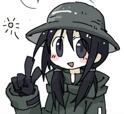  1girl black_eyes black_gloves black_hair brodie_helmet chito_(shoujo_shuumatsu_ryokou) coat colalk combat_helmet gloves green_coat helmet low_twintails military_uniform shoujo_shuumatsu_ryokou twintails v 