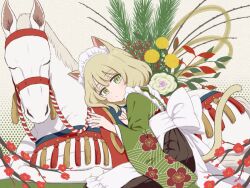  1girl 2026 animal_ear_fluff animal_ears black_skirt branch brown_hair cat_ears cat_girl cat_tail chinese_zodiac commentary_request floral_print flower fujiyama_(yellow) furisode green_eyes green_kimono horse japanese_clothes kimono kneeling long_sleeves looking_at_viewer maid maid_headdress new_year original short_hair skirt tail wa_maid wide_sleeves year_of_the_horse 