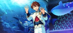  1boy aquarium brown_eyes brown_hair earrings ensemble_stars! fingernails fish game_cg glowstick hair_between_eyes hands_up happy_elements headset jewelry long_sleeves looking_at_viewer male_focus morisawa_chiaki official_art open_mouth penlight_(glowstick) ring rock short_hair solo star_(symbol) star_earrings stella_maris_(ensemble_stars!) third-party_source whale 