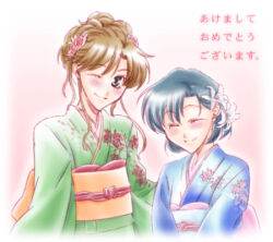  2girls bishoujo_senshi_sailor_moon blue_kimono blush_stickers closed_eyes flower green_kimono hair_flower hair_ornament japanese_clothes kimono kino_makoto looking_at_viewer lowres mizuno_ami multiple_girls one_eye_closed simple_background smile takano_saku 