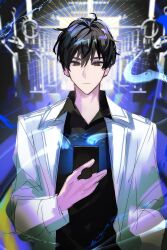  1boy black_eyes black_hair black_shirt coat collared_shirt cowboy_shot expressionless hand_grip hand_in_pocket highres holding holding_phone kim_dokja light_rays looking_at_phone male_focus omniscient_reader's_viewpoint open_clothes open_coat phone shirt short_hair solo threemato train_interior white_coat 