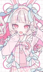  1girl :d blonde_hair blue_bow blunt_bangs blush bow bowtie commentary_request dot_nose fangs frilled_sleeves frills grid_background hair_bow hair_intakes hands_up highres long_hair long_sleeves looking_at_viewer makaino_ririmu multicolored_hair munuko nijisanji open_mouth pink_bow pink_bowtie pink_shirt pink_streaks plaid_bow plaid_bowtie plaid_clothes red_eyes shirt skin_fangs sleeves_past_wrists smile solo streaked_hair upper_body virtual_youtuber white_background 