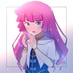  1girl atltax_00 blue_dress blue_eyes blunt_bangs breath cardigan choker dappled_sunlight dress facing_to_the_side hands_up highres kirishima_romin light_particles long_hair long_sleeves open_cardigan open_clothes purple_hair sleeves_past_wrists sunlight upper_body white_background white_cardigan yellow_choker yu-gi-oh! yu-gi-oh!_sevens 