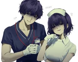  1boy 1girl 28mm false_smile genderswap genderswap_(ftm) gloves hand_up hat highres id_card kurokawa_(sakusei_byoutou) looking_at_viewer nurse nurse_cap purple_hair sakusei_byoutou shaded_face short_hair short_sleeves simple_background smile upper_body white_background white_gloves 