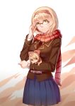  :t absurdres aer_(tengqiu) alice_margatroid alternate_costume bespectacled blazer blonde_hair blush bow glasses hair_bow hairband highres looking_at_viewer over-rim_glasses red-framed_glasses scarf semi-rimless_glasses shanghai_doll short_hair skirt touhou yellow_eyes 