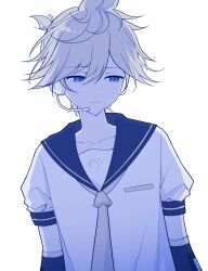  1boy ahoge arms_at_sides art_waven backlighting black_sailor_collar black_sleeves blonde_hair blue_eyes blue_theme collarbone commentary detached_sleeves double-parted_bangs english_commentary hair_between_eyes hair_flaps headphones headset highres huge_ahoge kagamine_len long_sleeves looking_down male_focus necktie pale_skin ponytail puffy_short_sleeves puffy_sleeves sad sailor_collar shirt short_hair short_ponytail short_sleeves simple_background sleeve_cuffs solo upper_body vocaloid white_background white_shirt yellow_necktie yellow_trim 