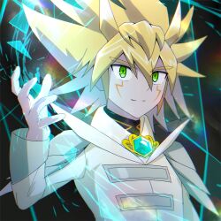  1boy antenna_hair arm_at_side atltax_00 black_background blonde_hair border coat commentary_request facial_mark facing_to_the_side gem green_eyes green_gem hair_between_eyes hand_up high_collar highres kuaidul_velgear light_particles light_smile looking_at_viewer magic male_focus ornate_border shoulder_pads sparkle spiky_hair upper_body white_coat yu-gi-oh! yu-gi-oh!_go_rush!! 