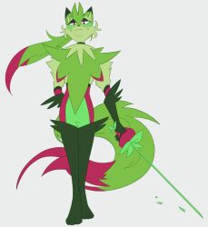  1boy body_fur boots cat cat_boy commentary design_speculation drawfee english_commentary fakemon furry green_fur green_hair holding holding_sword holding_weapon karina_farek pokemon pokemon_(creature) sprigatito_(karina_farek) sword tail thigh_boots weapon 
