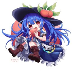  1girl absurdres apron black_hat blue_hair blush boots bow bowtie brown_boots chibi chibi_only commentary_request dated eating fang food frilled_skirt frills fruit fruit_hat_ornament hat hat_ornament highres hinanawi_tenshi leaf_hat_ornament liefeng_dm long_hair open_mouth peach peach_hat_ornament puffy_short_sleeves puffy_sleeves red_bow red_bowtie red_eyes shirt short_sleeves skin_fang skirt solo touhou very_long_hair white_apron white_shirt 