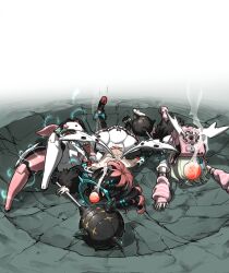  3girls angels_of_delusion aria_(zenless_zone_zero) arm_warmers backpack bag bow commentary crater detached_sleeves dress electricity green_hair gwongiyeon67479 hair_bow head_bump highres holding holding_weapon humanoid_robot injury leg_warmers lying multicolored_hair multiple_girls nangong_yu on_back on_ground on_stomach pink_hair randoseru robot robot_girl scar scar_on_back shirt simple_background steam striped_arm_warmers sunna_(zenless_zone_zero) sweat weapon white_background white_dress white_shirt white_wings wings zenless_zone_zero 