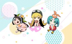  3girls :o animal_bag animal_on_head anime_coloring ankle_socks aqua_hair aqua_pantyhose artist_request backpack bag bare_arms bare_shoulders bird black-framed_eyewear black_hair black_pantyhose blonde_hair blue_skirt blush_stickers boots bow brown_eyes card_commentary cherry_print chibi circle_skirt closed_mouth colorful_background commentary cross-eyed dot_nose doughnut dress fang food food_in_mouth food_print frilled_dress frills from_behind fruit_print game_cg goggles goggles_on_headwear green_bow green_eyes green_helmet hachikuji_mayoi hair_bow hairband hand_on_lap hand_on_own_cheek hand_on_own_face happy hat hat_bow helmet highres hugging_own_legs knees_up light_blush long_hair looking_at_viewer looking_back mahou_shoujo_madoka_magica mahou_shoujo_madoka_magica_magia_exedra medium_dress medium_skirt monogatari_(series) multiple_girls official_art on_head ononoki_yotsugi open_mouth orange_bow orange_hat orange_shirt oshino_shinobu pantyhose pink_bag pink_dress pleated_skirt pointy_ears print_skirt puffy_short_sleeves puffy_sleeves red_shoes red_skirt round_eyewear rubber_boots shirt shoes short_sleeves sitting skin_fang skirt sleeve_bow sleeveless sleeveless_dress smile snail sneakers socks spaghetti_strap sprinkles star_(symbol) straight_hair strap_slip striped_clothes striped_pantyhose sundress tareme thick_eyebrows third-party_source triangle twintails two-tone_pantyhose two-tone_shirt v very_long_hair white_hairband white_shirt yellow_boots yellow_eyes 