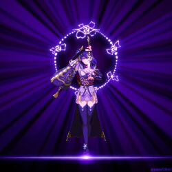  1girl closed_mouth genshin_impact guppyinfishbowl hair_ornament holding holding_sword holding_weapon japanese_clothes kimono long_hair looking_at_viewer mole mole_under_eye pixel_art purple_hair purple_kimono raiden_shogun simple_background solo sword thigh-highs tomoe_(symbol) twitter_username violet_eyes weapon 