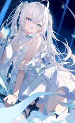  1girl absurdres apple black_background blue_apple blue_eyes bow breasts commission dress food fruit highres holding holding_food holding_fruit indie_virtual_youtuber light_blush long_hair looking_at_viewer lumo_1121 petr_petrichor skeb_commission sky sleeveless small_breasts solo star_(sky) starry_sky starry_sky_background thigh-highs very_long_hair white_dress white_thighhighs 