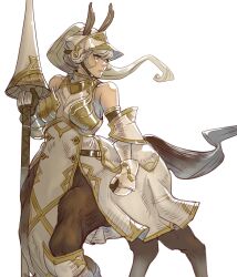  1girl absurdres animal_ears armor barding bare_shoulders breastplate breasts centaur closed_mouth commentary cowboy_shot dress gauntlets grey_eyes grey_hair helmet highres holding holding_polearm holding_weapon horse_ears horse_tail knight lance long_hair looking_to_the_side medium_breasts monster_girl multiple_legs original pelvic_curtain polearm ponytail shin_guards sidelocks sleeveless sleeveless_dress solo standing standing_on_three_legs swept_bangs tail taur transparent_background warlagust weapon white_armor white_dress 