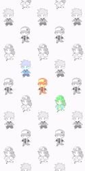  1girl 2boys alternate_costume baseball_cap black_shirt blue_jacket blue_oak chibi chibi_only commentary_request hat highres jacket leaf_(pokemon) long_hair multiple_boys no_mouth no_nose pants pokemon pokemon_firered_and_leafgreen pokenasi red_(pokemon) red_jacket shirt short_hair solid_oval_eyes spiky_hair 