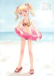  asaki_yuzuno beach bikini blonde_hair blue_eyes blush child cotton_child fang food_themed_clothes happy highres innertube legs loli nail_polish ocean pireze polka_dot sandals short_hair swimsuit twintails 