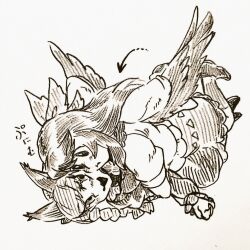  2girls animal_ears arrow_(symbol) bird_wings blush braid cape cat_ears closed_mouth commentary_request dress extra_ears feathered_wings frilled_skirt frills greyscale hug kaenbyou_rin long_hair long_sleeves menotama monochrome multi-source_commentary multiple_girls open_mouth puffy_short_sleeves puffy_sleeves reiuji_utsuho shirt shoes short_sleeves skirt socks speech_bubble touhou traditional_media translation_request wings yuri 