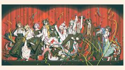  5boys 6+girls ^_^ absurdres alternate_costume arknights baggy_clothes black_dress black_hair black_pants blonde_hair blue_hair bridal_lingerie brown_hair brown_shoes cat champagne_flute chinese_commentary chongyue_(arknights) closed_eyes commentary_request confetti cup curtains dragon_boy dragon_girl dragon_horns dress drinking_glass drunk dusk_(arknights) fan_mu_zhang formal_clothes full_body green_hair highres horns jacket ji_(arknights) jie_(arknights) jun_(arknights) kekkai_sensen lapels legwear_garter lingerie long_hair multicolored_hair multiple_boys multiple_girls nian_(arknights) notched_lapels off-shoulder_dress off_shoulder one_eye_closed pants scarf shirt shoes skirt spotlight stage stage_curtains standing standing_on_one_leg streamers sugar_song_and_bitter_step suspenders two-tone_hair underwear wang_(arknights) white_dress white_hair white_jacket white_pants white_shirt white_skirt yellow_scarf yi_(arknights) yu_(arknights) 