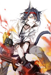  1boy animal_ears arknights black_gloves black_hair blaze_(arknights) blue_eyes blue_hair cat_boy cat_ears cat_girl cat_tail chainsaw choker commentary_request fingerless_gloves fire genderswap genderswap_(ftm) gloves grey_pants hairband highres holding holding_weapon jacket ljayu looking_at_viewer male_focus pants red_hairband shirt short_hair smile solo tail weapon white_background white_jacket white_shirt 