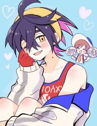  2boys ^_^ black_hair blue_background blush brown_hair closed_eyes collared_shirt commentary_request crossed_bangs florian_(pokemon) hair_between_eyes hairband hat heart highres holding holding_sign hugging_own_legs jacket kieran_(pokemon) long_hair long_sleeves looking_at_viewer male_focus multicolored_hair multiple_boys off_shoulder one_eye_closed open_mouth pokemon pokemon_scarlet_and_violet purple_hair red_tank_top shirt sign simple_background solo_focus tank_top translation_request very_long_hair white_jacket yataba yellow_eyes yellow_hairband 