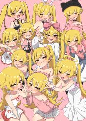  1girl :3 :d absurdres alternate_costume animal_ears armpits arms_up bare_shoulders black_choker blonde_hair blue_overalls blush_stickers bow choker collared_shirt commentary_request dress fake_animal_ears fang frilled_skirt frills hair_bow half-heart_hands halo highres leotard long_hair looking_at_viewer mesugaki_pose monogatari_(series) multiple_views open_mouth oshino_shinobu overalls pink_dress pink_shirt playboy_bunny rabbit_ears red_trim shirt single_off_shoulder skirt sleeveless sleeveless_shirt sleeves_past_wrists smile smug sweater tongue tongue_out tsurime twintails v wedding_dress white_dress white_leotard white_skirt white_sweater yellow_eyes yoshikirino 
