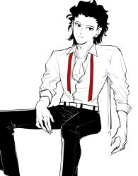  1boy belt black_pants chair collared_shirt commentary_request hair_slicked_back haman_0110 hand_on_own_thigh highres korean_commentary looking_at_viewer male_focus michael_roa_valdamjong necktie official_alternate_costume pants pectorals red_necktie shirt sitting sleeve_cuffs smile solo tsukihime tsukihime_(remake) undone_necktie 