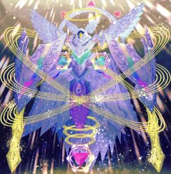  7is_dm angel angel_wings commentary crystal duel_masters floating full_body halo head_wings lens_flare magic mechanical_wings multiple_wings no_humans orbited rainbow_gradient shield sunlight wedding_(duel_masters) white_wings wings yellow_halo 