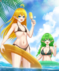 2girls :d absurdres ahoge bikini bikini_top_only black_bikini black_swimsuit blonde_hair blue_eyes blue_sky braid breasts busty cleavage clouds collarbone commission commissioner_upload day elf euphemy_sylvaine flat_chest food green_hair highres holding innertube large_breasts long_hair looking_at_viewer lori_hagami lotte_farona multiple_girls navel ocean official_art open-mouth_smile open_mouth outdoors partially_submerged pointy_ears popsicle side-tie_clothing side-tie_swimsuit sky small_breasts smile sparkle standing string_bikini swim_ring swimsuit wading water ways_of_darkness_(series)