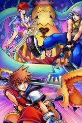  1girl armband artist_name bare_shoulders battle crown_necklace fighting heartless_(kingdom_hearts) highres holding holding_weapon hollypolllyy in-universe_location jewelry kairi_(kingdom_hearts) keyblade kingdom_hearts kingdom_hearts_i kingdom_key nomura_tetsuya_(style) oathkeeper pinocchio_(disney_character) pointy_hair purple_armband purple_skirt red_hair riku_(kingdom_hearts) short_hair skirt skort sora_(kingdom_hearts) soul_eater_(kingdom_hearts) spiky_hair watermark weapon wristband 